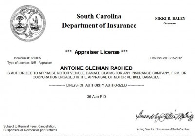 Licensed South Carolina Auto Appraiser