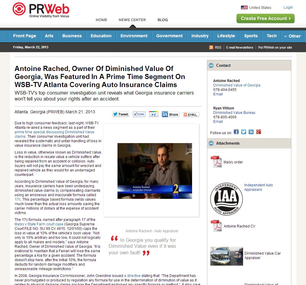 Antoine Rached, Owner Of Diminished Value Of Georgia, Was Featured In A Prime Time Segment On WSB-TV Atlanta Covering Auto Insurance Claims