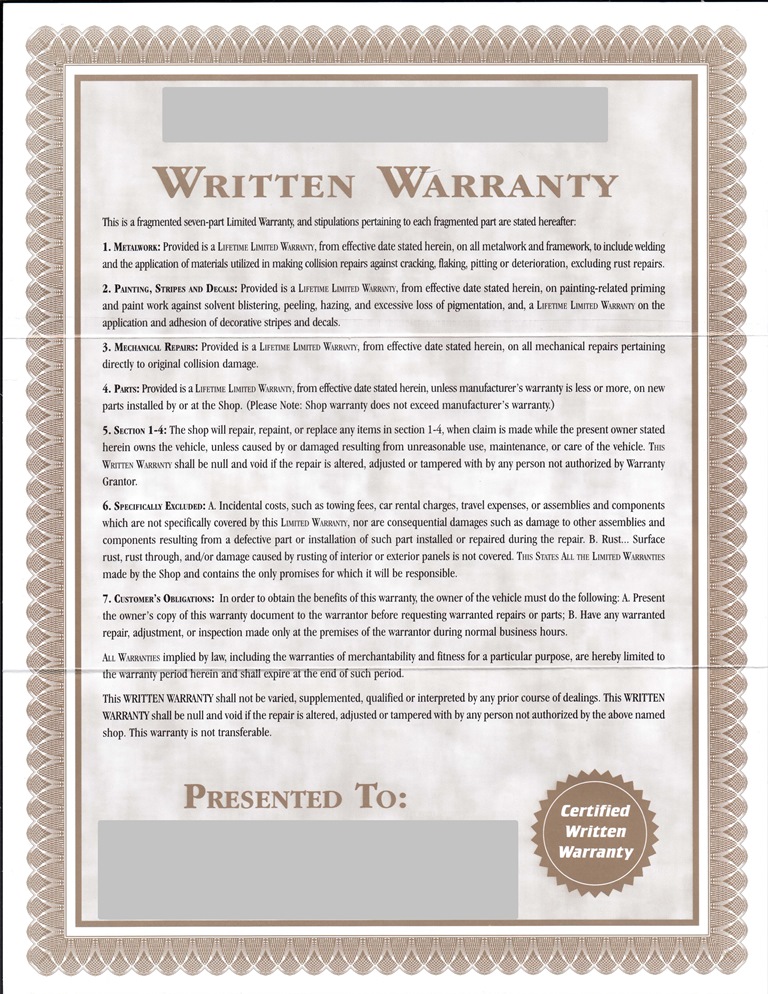 Body Shop Written Warranty