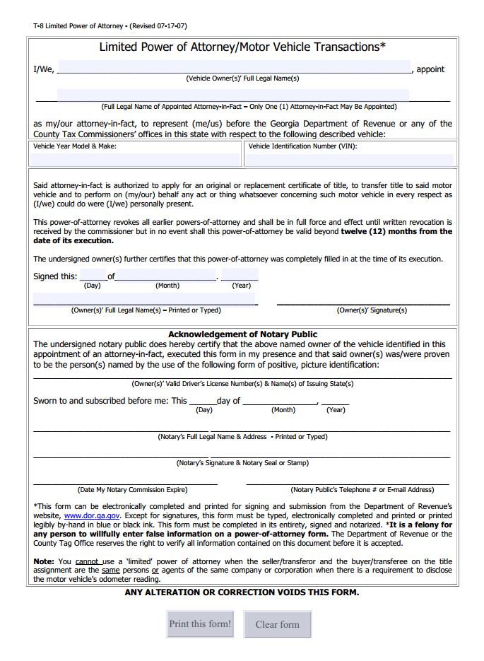 Limited Power of Attorney for Motor Vehicle Transactions