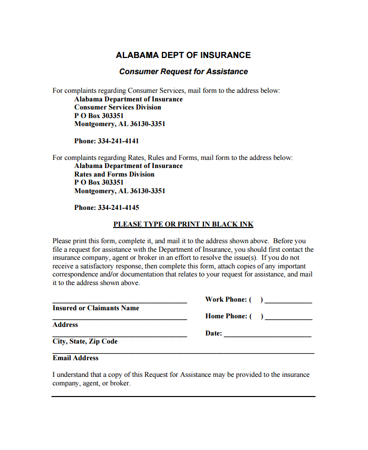 Alabama Insurance Commissioner Complaint Form Image
