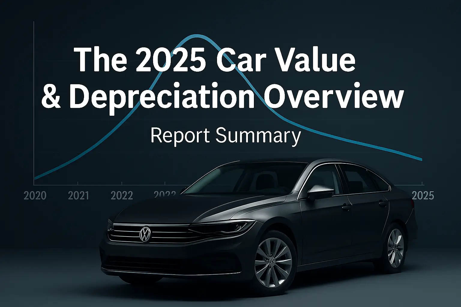 A dark-themed image showing a Volkswagen sedan in front of a depreciation graph with the title "The 2025 Car Value & Depreciation Overview – Report Summary."