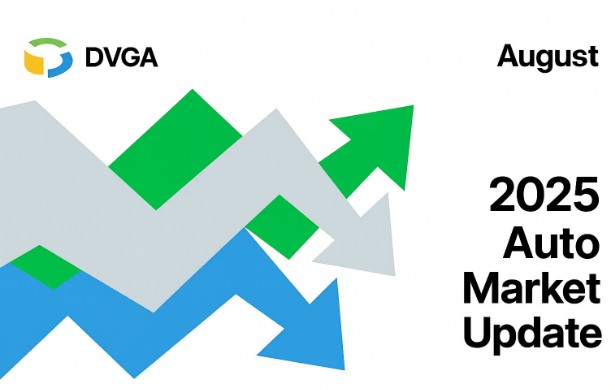 August 2025 Auto Market Update chart with rising and falling arrows in green, gray, and blue, representing vehicle price trends