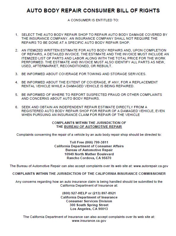 California Auto Body Repair Consumer Bill of Rights