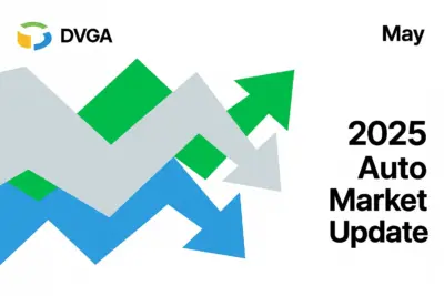 Modern digital banner with DVGA logo, zigzag arrows, and “Auto Market Insight – May 2025” headline in bold letters on a clean white background.
