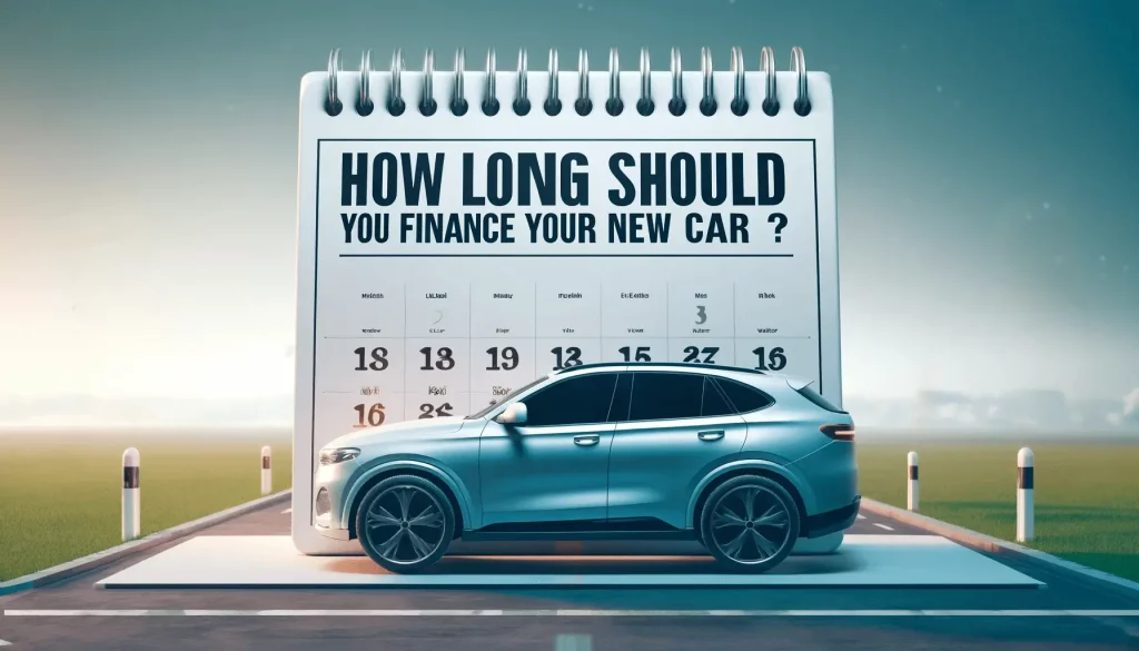 Banner image depicting a sleek, modern car parked on a scenic road with a calendar overlay, illustrating the concept of car financing duration and time management. The image features a professional and appealing color scheme with shades of blue and white, conveying trust and reliability.