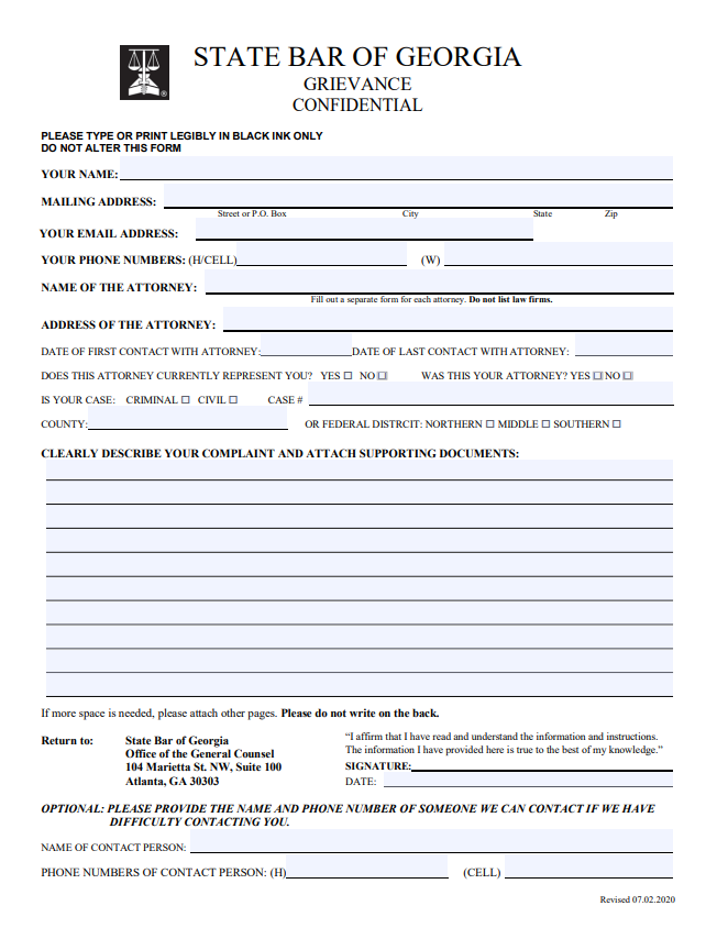 Georgia Bar Complaint Against Lawyer Form