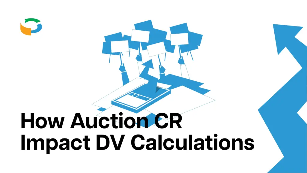 A graphic with the text "How Auction CR Impact DV Calculations" and abstract blue shapes, along with a stylized depiction of a graph or data visualization on the left.