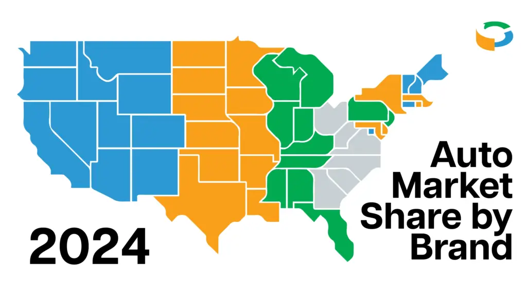 A color-coded map of the United States displaying "Auto Market Share by Brand" for "2024," with states categorized into three distinct color groups, likely representing different market share levels or leading brands across regions.