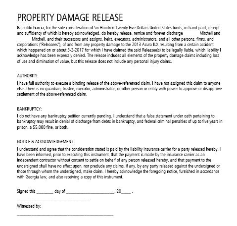 Property Damage Release Document Sample