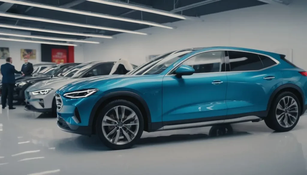 A modern car dealership showroom featuring a variety of vehicles including a prominent blue SUV in the foreground, symbolizing the improved car buying satisfaction in 2023.