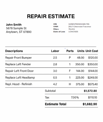 A repair estimate document showing labor, parts, and costs for repairing a 2017 Chevrolet Traverse following a car accident.