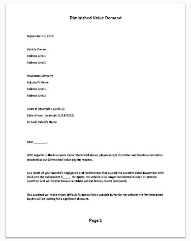 Sample Diminished Value Demand Letter