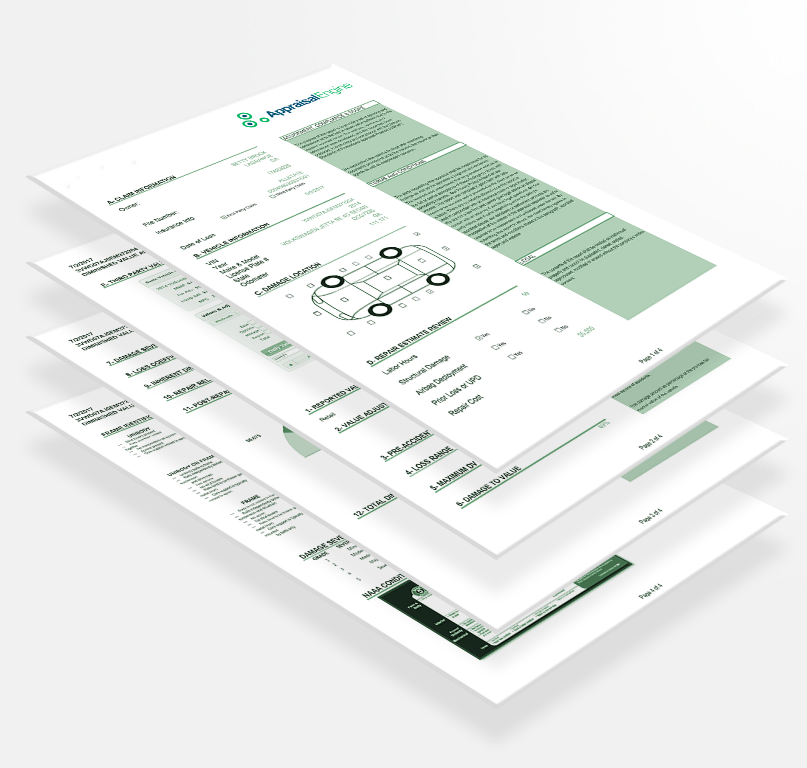 Image of 3 pages of the diminished value of georgia appraisal report