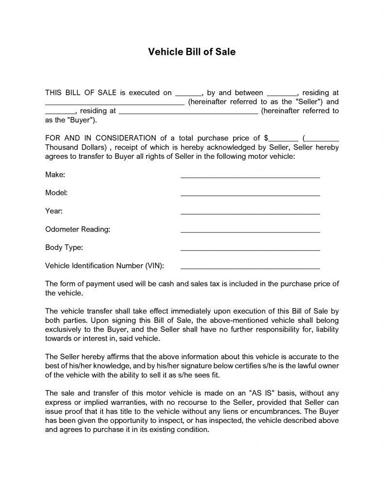 Vehicle Bill of Sale by Owner Sample Document_Page_1