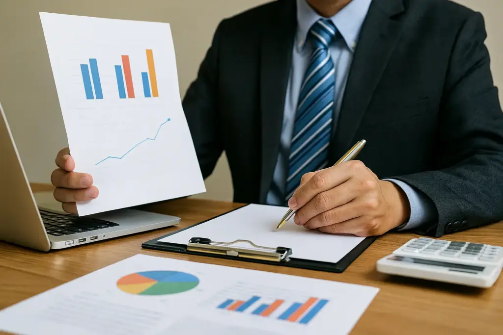 A financial professional in a suit holds a chart showing a graph and a bar chart, while a laptop and calculator are on the desk, symbolizing the analysis of market factors for a diminished value claim.