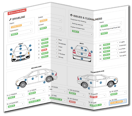 A document or brochure displaying vehicle diagrams with marked areas indicating damages or features, under sections like "DRIVELINE" and "REDUCE & CLEANLINESS", likely for an appraisal or inspection report.
