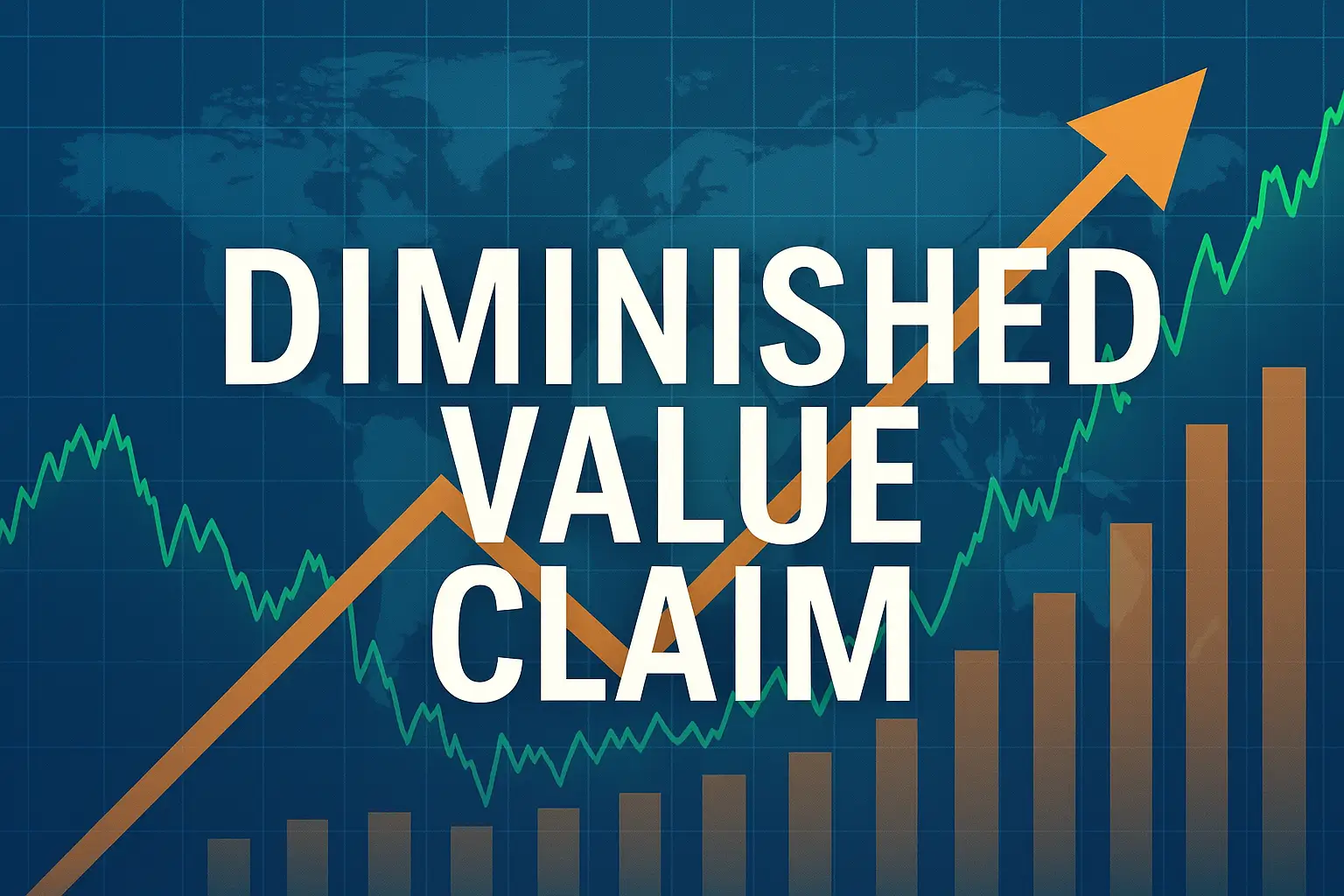 An illustrated chart with an upward trend, featuring a world map in the background and the text "DIMINISHED VALUE CLAIM," symbolizing the market factors that influence a vehicle's value.