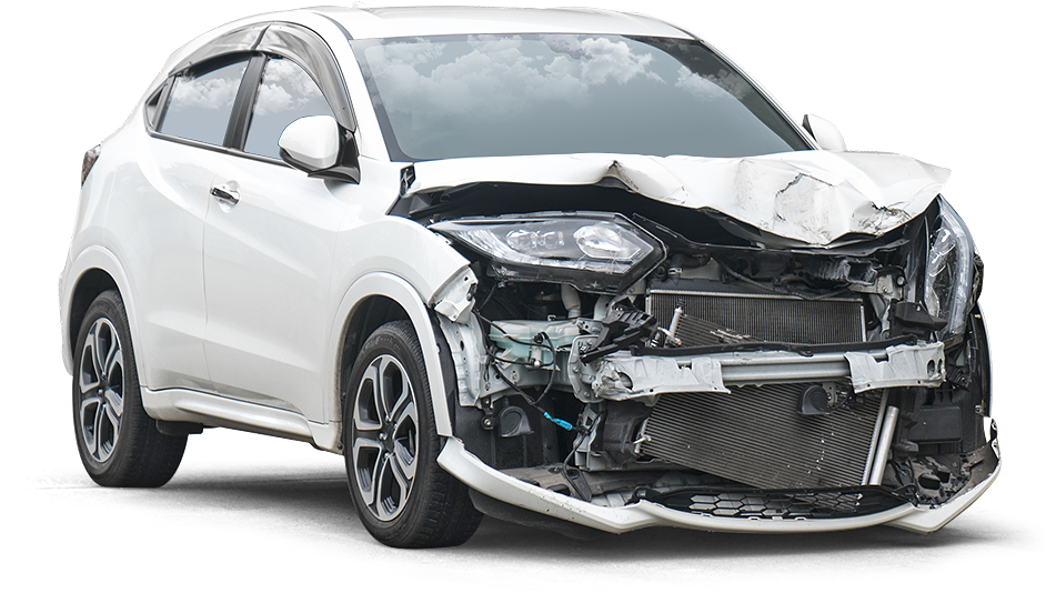 wrecked white car front view